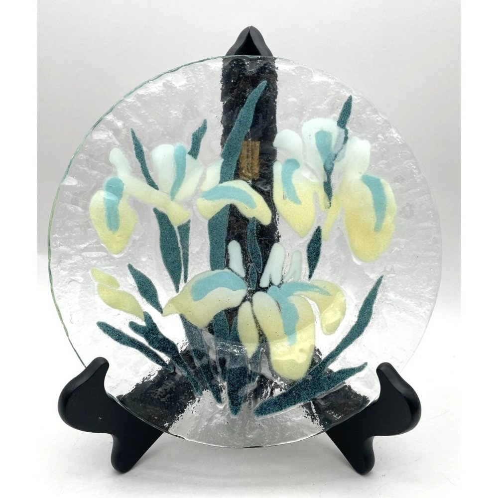 Vtg. Fused Glass Iris Plate Signed Sydenstricker